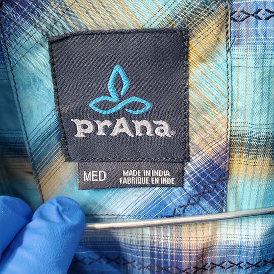 Prana Bright Blue Plaid Men's Short Sleeve Snap Up Cotton/Poly Shirt Size M image number 4