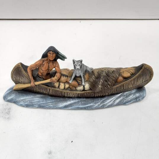 Native American Theme Warrior & Wolf Canoe Figurine image number 1