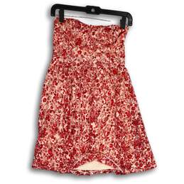 Womens Red Floral Strapless Ruched Mini Fit & Flare Dress Size Small alternative image