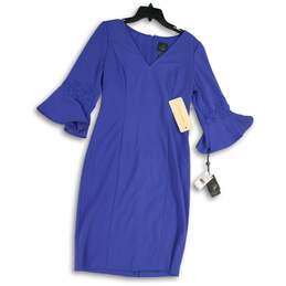 NWT Adrianna Papell Womens Blue V-Neck Bell Sleeve Back Zip Sheath Dress Size 10