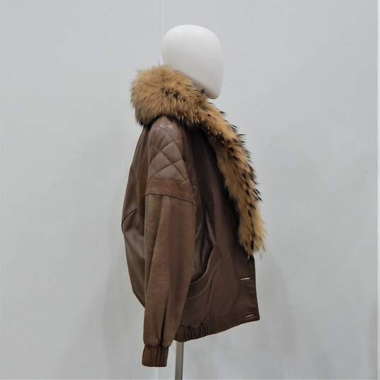 VTG 1980s J. Percy for Marvin Richards Women's Brown Leather Fox Fur Trim Collar Jacket Size S image number 2