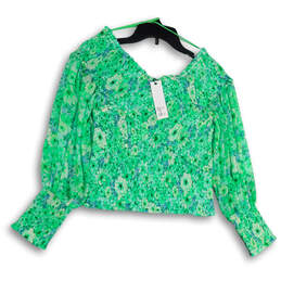NWT Womens Green Floral Smocked Long Sleeve Cropped Blouse Top Size Medium