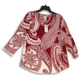 NWT Chico's Womens Red White Paisley Scoop Neck Pullover Blouse Top Size 2