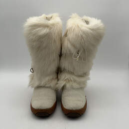 Womens White Fur Brown Mid Calf Round Toe Pull-On Snow Boot Size 10