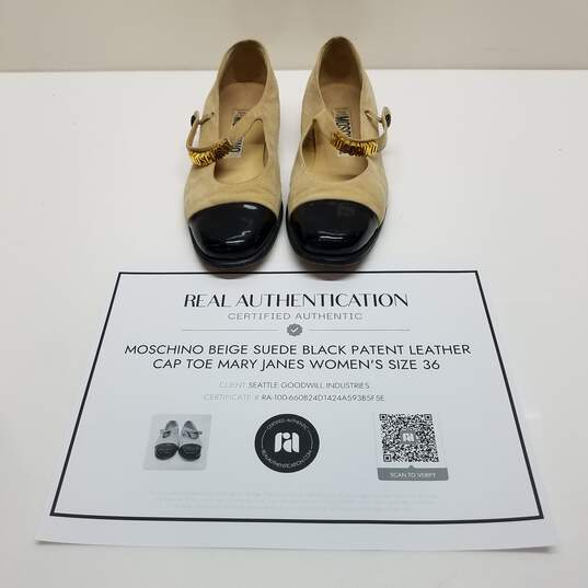 AUTHENTICATED Moschino Beige Suede Black Patent Leather Cap Toe Mary Janes Size 36 image number 1