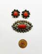 VNTG 900 Silver Coral Cabochon Brooch & Screw Back Earrings 16.2g image number 4