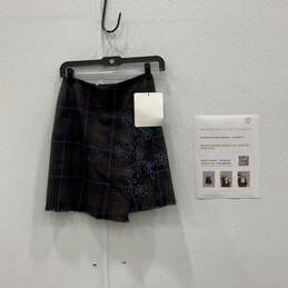 NWT Moschino Womens Blue Brown Plaid Embroidered Raw Hem A-Line Skirt 4 w/ COA