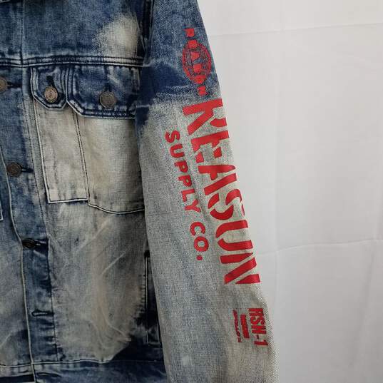 Men's distressed bleached denim jacket with red spell out text L image number 3