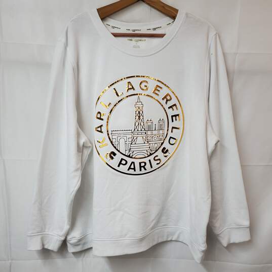 Karl Lagerfeld Paris White Gold Logo Pullover Sweatshirt Women's 1X image number 1