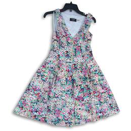 Guess Womens Multicolor Floral V-Neck Smocked Back Midi Fit & Flare Dress Sz 12