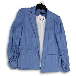 NWT Womens Blue Ruched Long Sleeve Front Pocket Open Front Blazer Size L