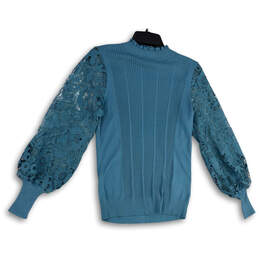 Womens Blue Knitted Mock Neck Lace Long Sleeve  Pullover Blouse Top Size S