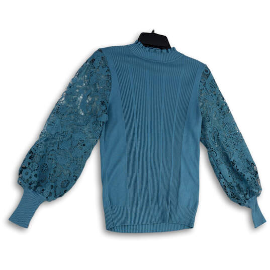 Womens Blue Knitted Mock Neck Lace Long Sleeve  Pullover Blouse Top Size S image number 1