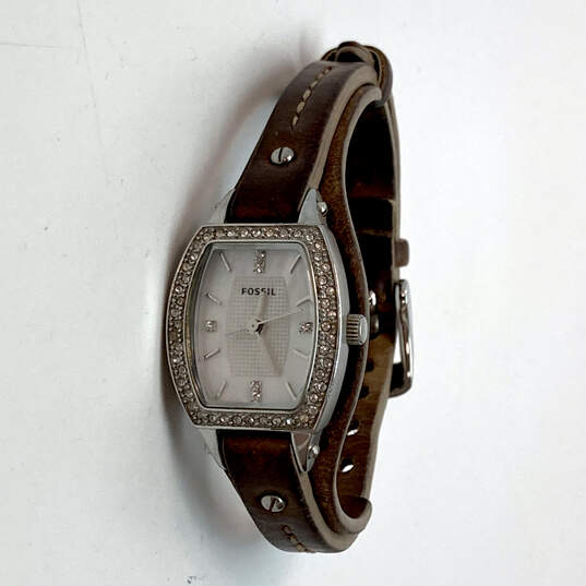 Desinger Fossil Silver-Tone Rhinestone Adjsutable Leather Strap Wristwatch image number 1