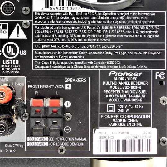 Pioneer Brand VSX-1020 Model Audio/Video Multi-Channel Receiver w/ Power Cable image number 8