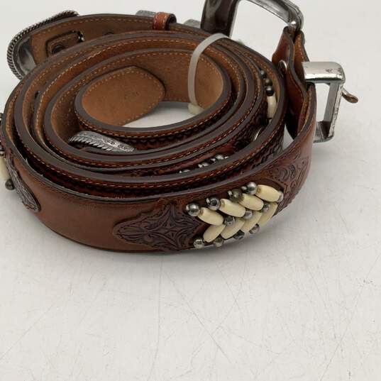 Pair Of 2 Womens Brown Leather Beaded Adjustable Waist Belt With Silver Buckle image number 3