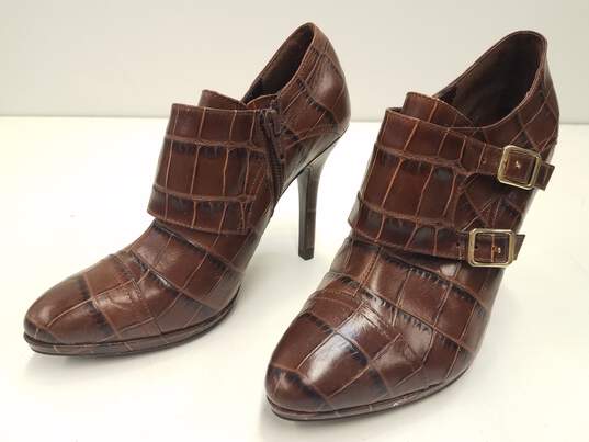 Lauren by Ralph Lauren Latisha Brown Croc Embossed Leather Ankle Buckle Zip Heel Boots Size 5 B image number 1