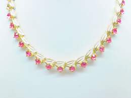 Vintage Gold Tone Pink Rhinestone Flower Necklace & Clip Earrings 88.5g alternative image