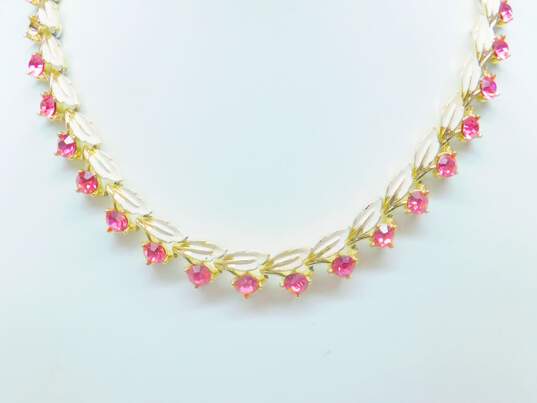 Vintage Gold Tone Pink Rhinestone Flower Necklace & Clip Earrings 88.5g image number 2
