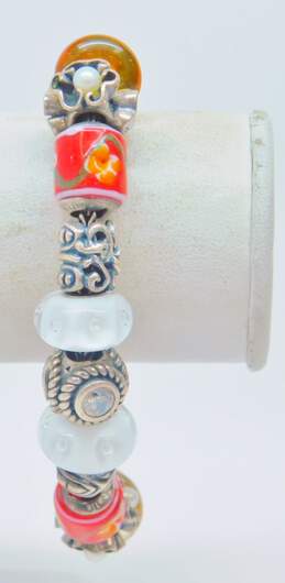 Trollbeads LAA 925 White Red & Orange Floral Art Glass Cubic Zirconia & Pearls Charm Beads Wheat Chain Bracelet 40.1g alternative image