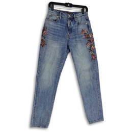 Womens Blue Floral Embroider Denim Medium Wash Skinny Jeans Size 4/27A