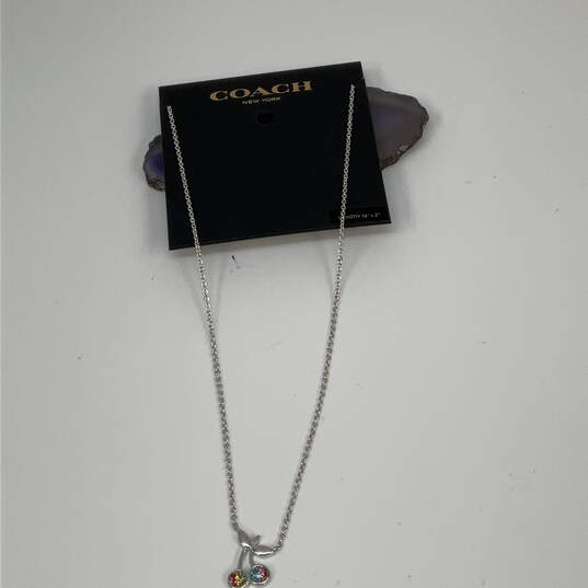 Designer Coach Silver-Tone Chain Multicolor Crystal Stone Pendant Necklace image number 2