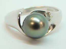 14K White Gold Black Pearl & 0.04 CT Round Diamond Ring 4.1g alternative image