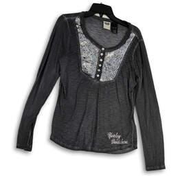 Womens Gray Heather Cotton Sequin Long Sleeve Button Front Blouse Top Sz L