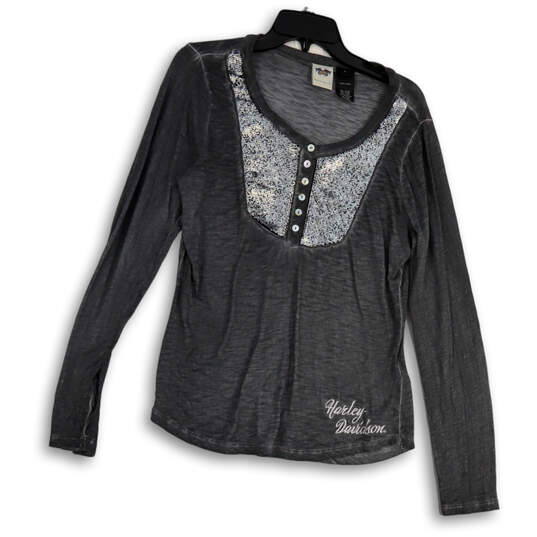 Womens Gray Heather Cotton Sequin Long Sleeve Button Front Blouse Top Sz L image number 1