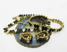 Vintage Goldtone Rhinestone & Black Plastic Marquise Linked Collar Necklace Loop Clip On Earrings & Bracelet 53.7g