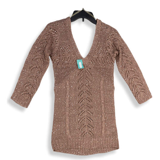 NWT Womens Mauve Sequin V-Neck 3/4 Sleeve Short Length Sweater Dress Size M image number 1