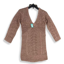 NWT Womens Mauve Sequin V-Neck 3/4 Sleeve Short Length Sweater Dress Size M