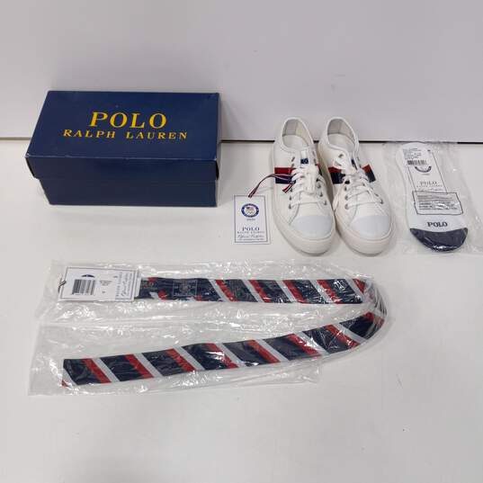 Polo by Ralph Lauren Olympic 2020 Themed Sneakers Size 8B w/ Matching Tie & Socks NWT image number 1