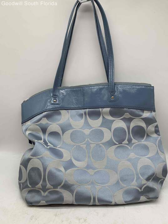 Coach Womens Beige Blue Signature Logo Inner Pockets Tote Crossbody Bag image number 5