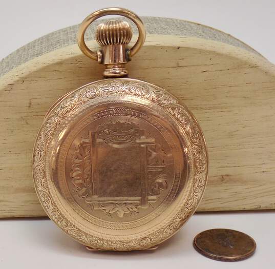Antique 1890's Gold Filled Hampden 7 Jewels Etched Hunting Case Pocket Watch 127.6g image number 2