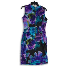 Womens Blue Purple Floral Sleeveless Crew Neck Back Zip Sheath Dress Size 8 alternative image