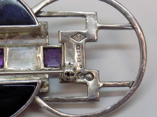 Romantic Judith Jack 925 Sterling Silver Amethyst Marcasite & Onyx Art Deco Style Brooch 27.1g image number 3