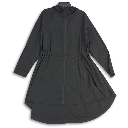 Womens Black Long Sleeve Flared Hem Full-Zip Hooded Raincoat Size M image number 2