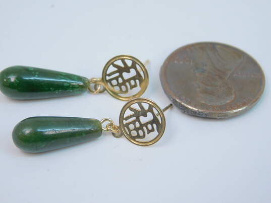 Asian Inspired 14K Yellow Gold Nephrite Drop Earrings 2.4g image number 4