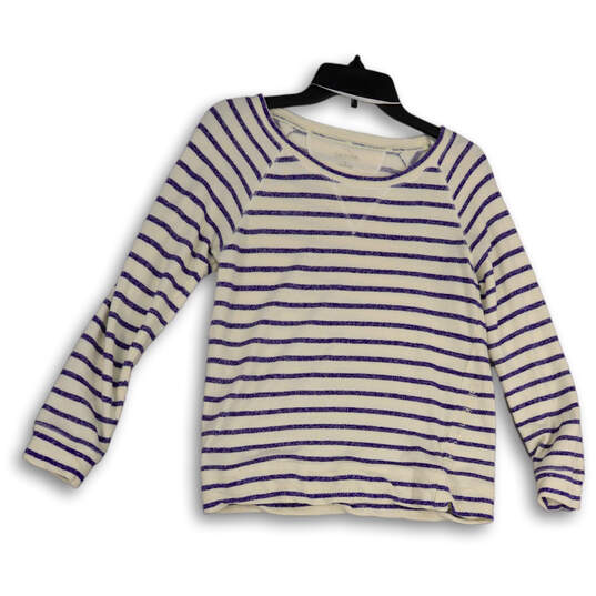 Womens Blue White Striped Long Sleeve Round Neck Pullover T-Shirt Size S image number 1