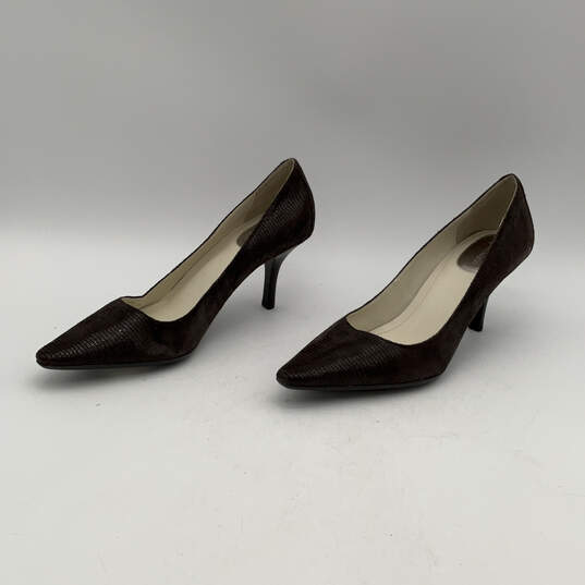 Womens Brown Leather Snakeskin Print Pointed Toe Slip-On Pump Heel Size 7.5 image number 4