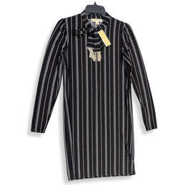 NWT Womens Black Chain Print Tie Neck Long Sleeve Shift Dress Size Small