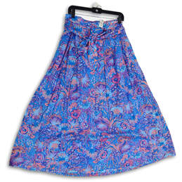 NWT Womens Pink Blue Floral Pleated Front Knot Maxi Skirt Size 12
