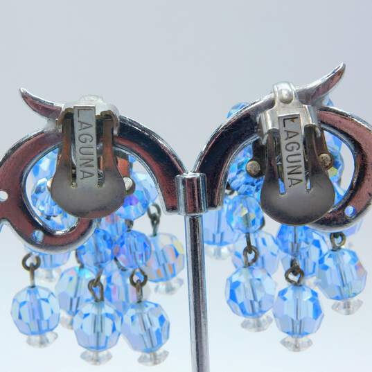 Vintage Laguna Silvertone Blue Aurora Borealis Crystals Beaded Tassels Clip On Earrings 30.1g image number 3