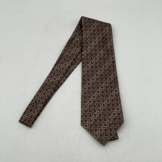 NWT Mens Brown Gold Diamond Print Silk Keeper Loop Pointed Necktie Size XL image number 1