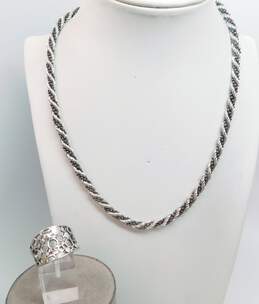 Artisan 925 Twisted Rope Chain Necklace & Chunky Cut Out Bubbly Ring 29.2g