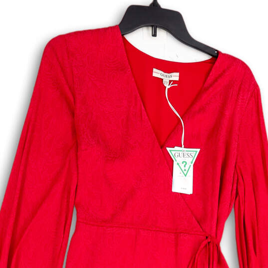 NWT Womens Red Balloon Sleeve V-Neck Asymmetrical Hem Wrap Dress Size M image number 2