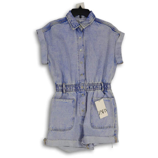 NWT Womens Blue Denim Spread Collar Short Sleeve One-Piece Romper Size S image number 1