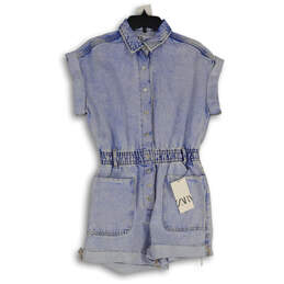 NWT Womens Blue Denim Spread Collar Short Sleeve One-Piece Romper Size S