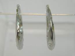 14K White Gold Puffed Etched & Satin Twisted Tapered Hoop Earrings 1.7g